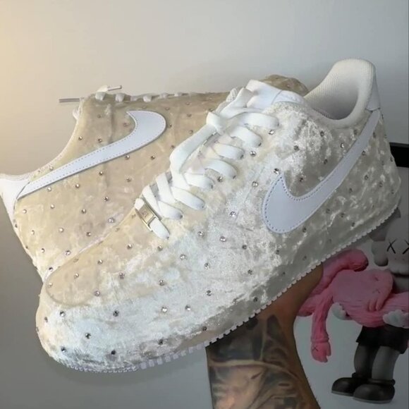 Air force 1 Beige|White Velvet with diamonds - Picture 1 of 2